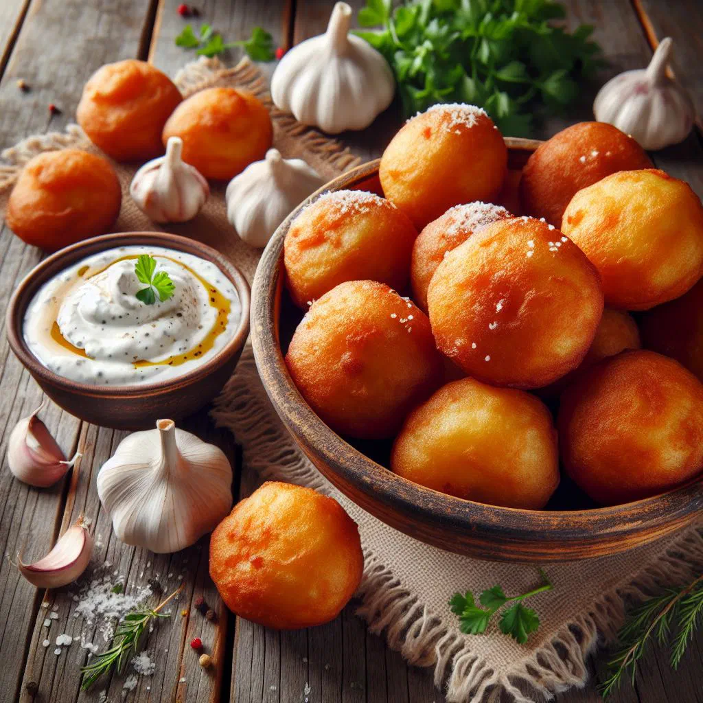 Golden Montenegrin potato fritters piled on a plate with fresh herbs