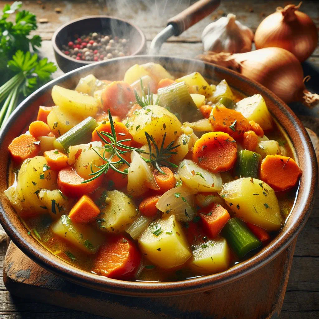 Bowl of Montenegrin potato stew with carrots, peppers and fresh parsley