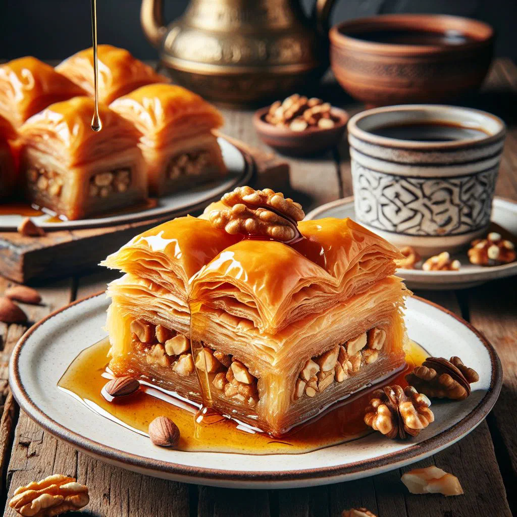 Diamond-cut walnut baklava glazed with honey syrup on a plate