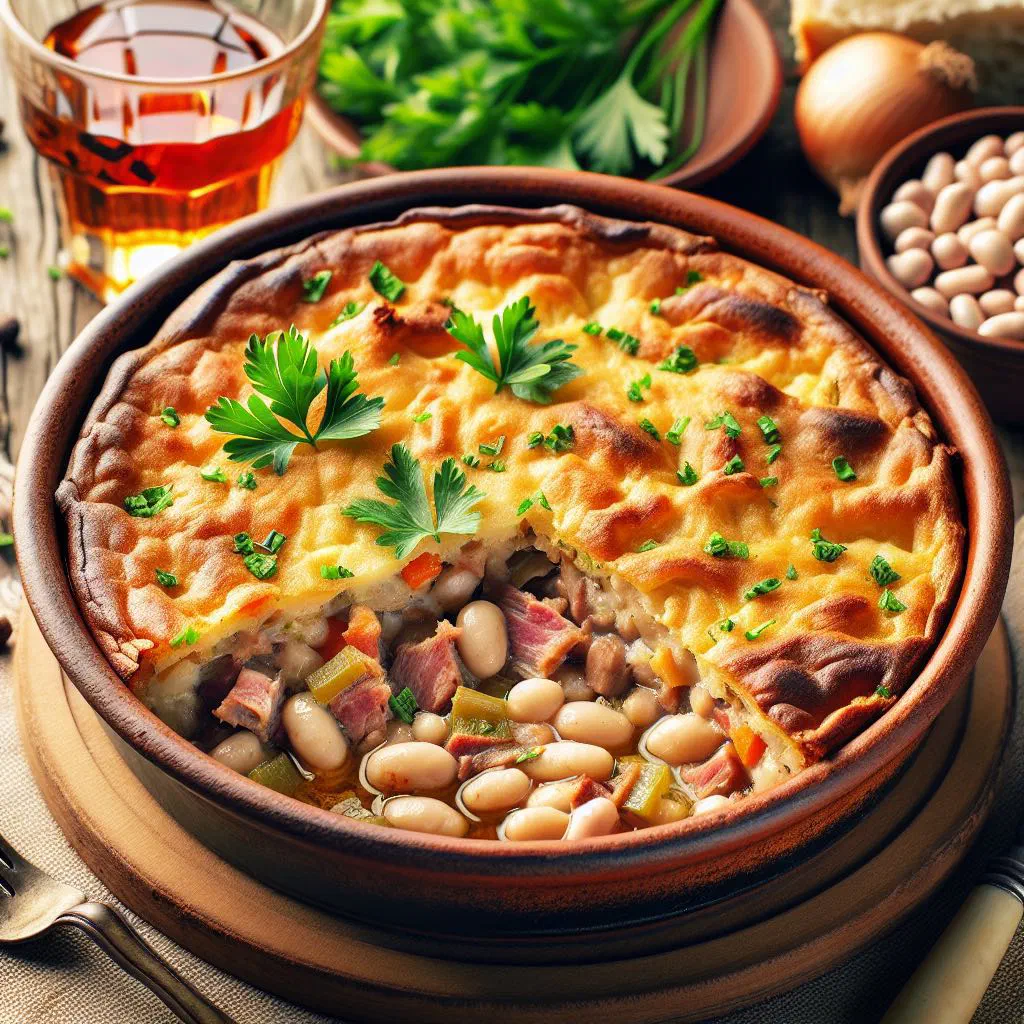 Baked white beans with a golden breadcrumb crust in an earthenware dish