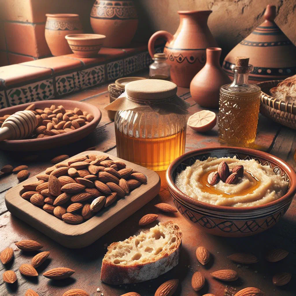 Bowl of golden amlou almond spread served with fresh bread