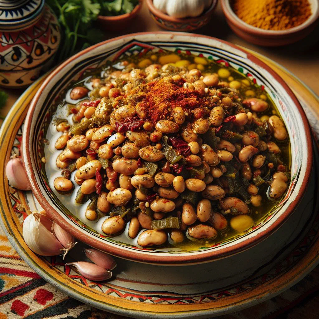 A bowl of smooth Moroccan broad bean purée drizzled with olive oil and herbs