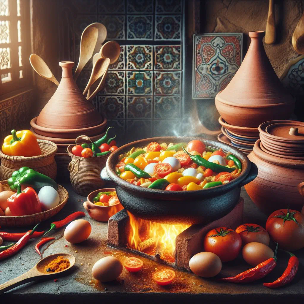 Chakchouka with poached eggs in a spiced tomato and pepper sauce