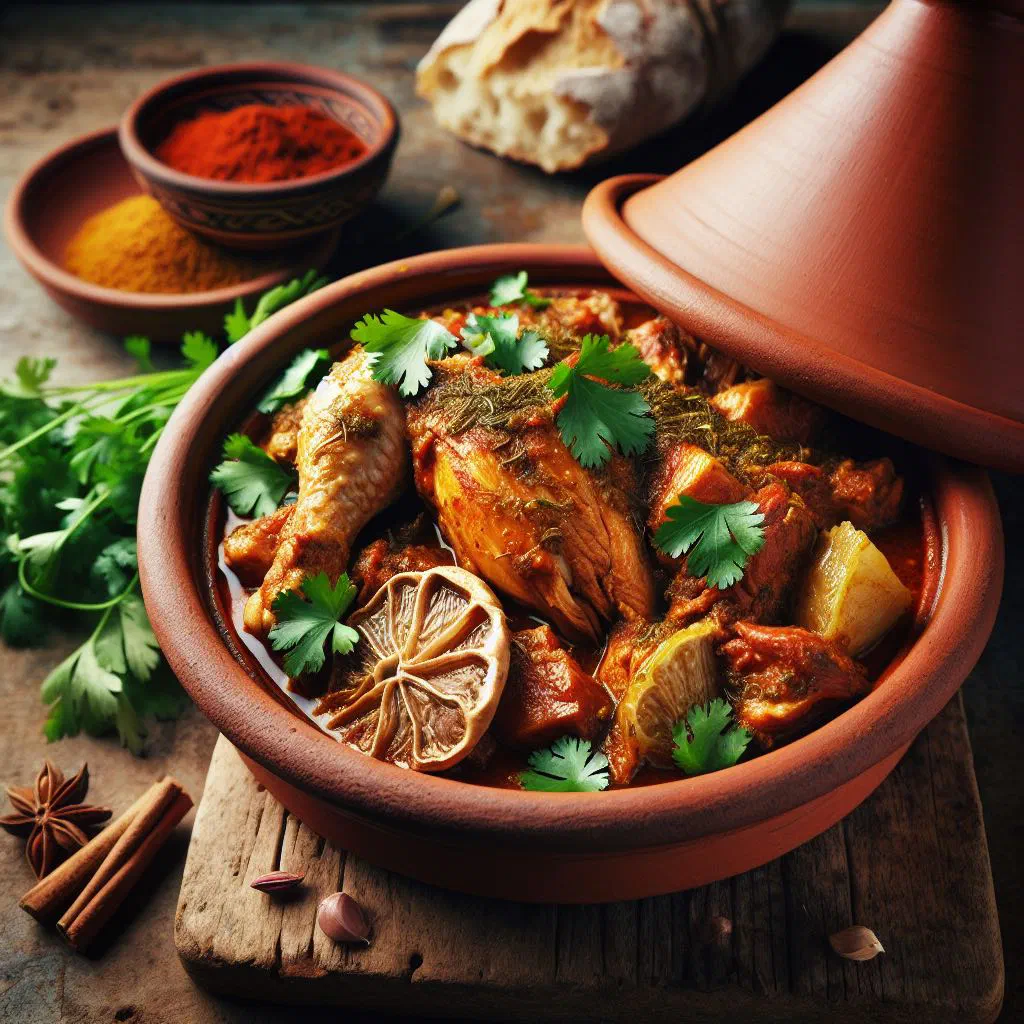 Moroccan chicken tajine with dried apricots and almonds, garnished with fresh herbs
