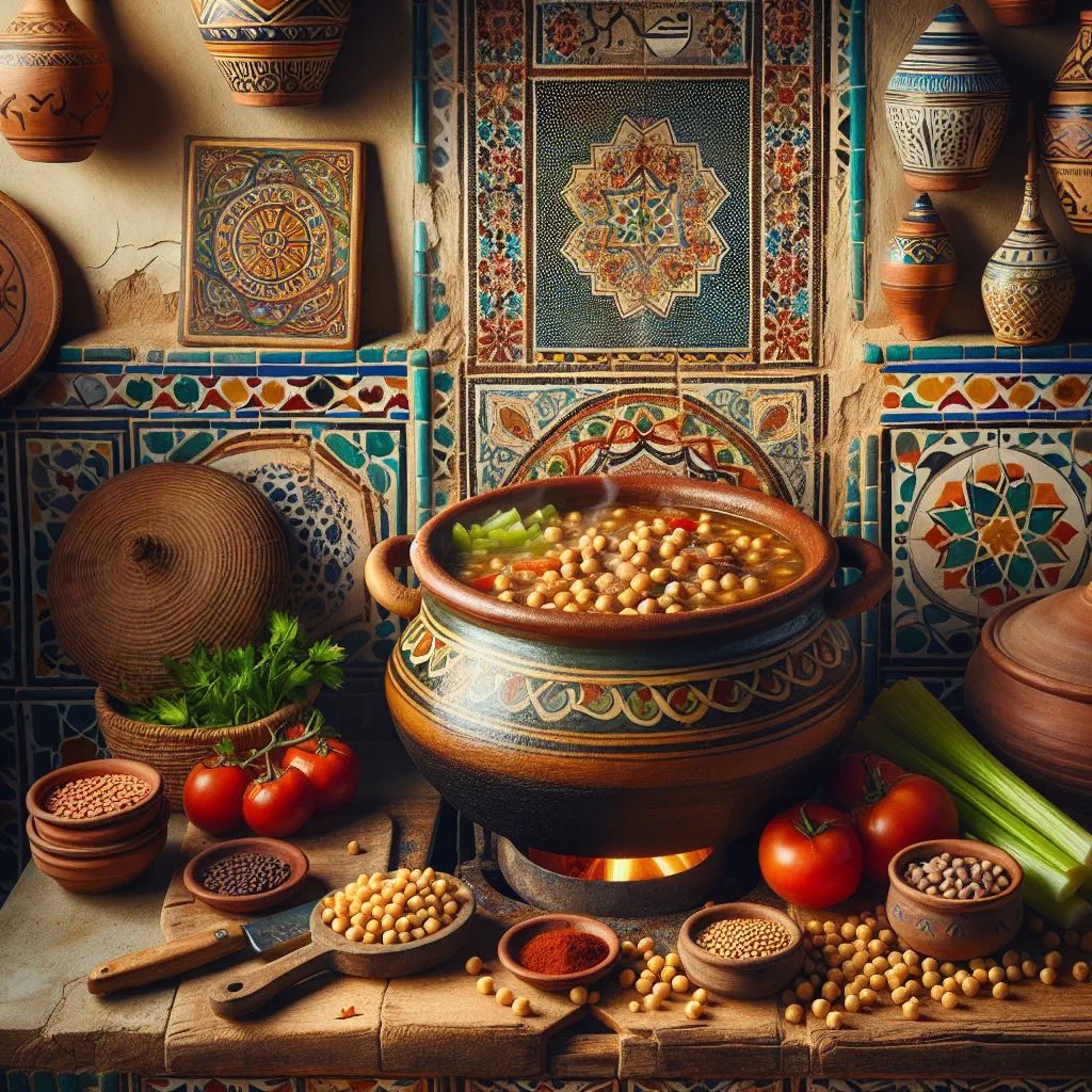 A bowl of Moroccan chickpea harira soup garnished with fresh coriander and lemon