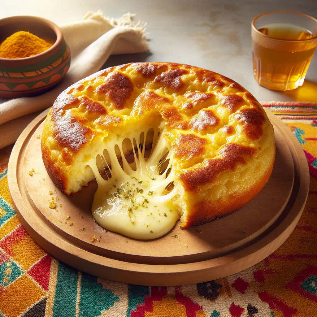 Golden harcha au fromage pan bread cut into wedges