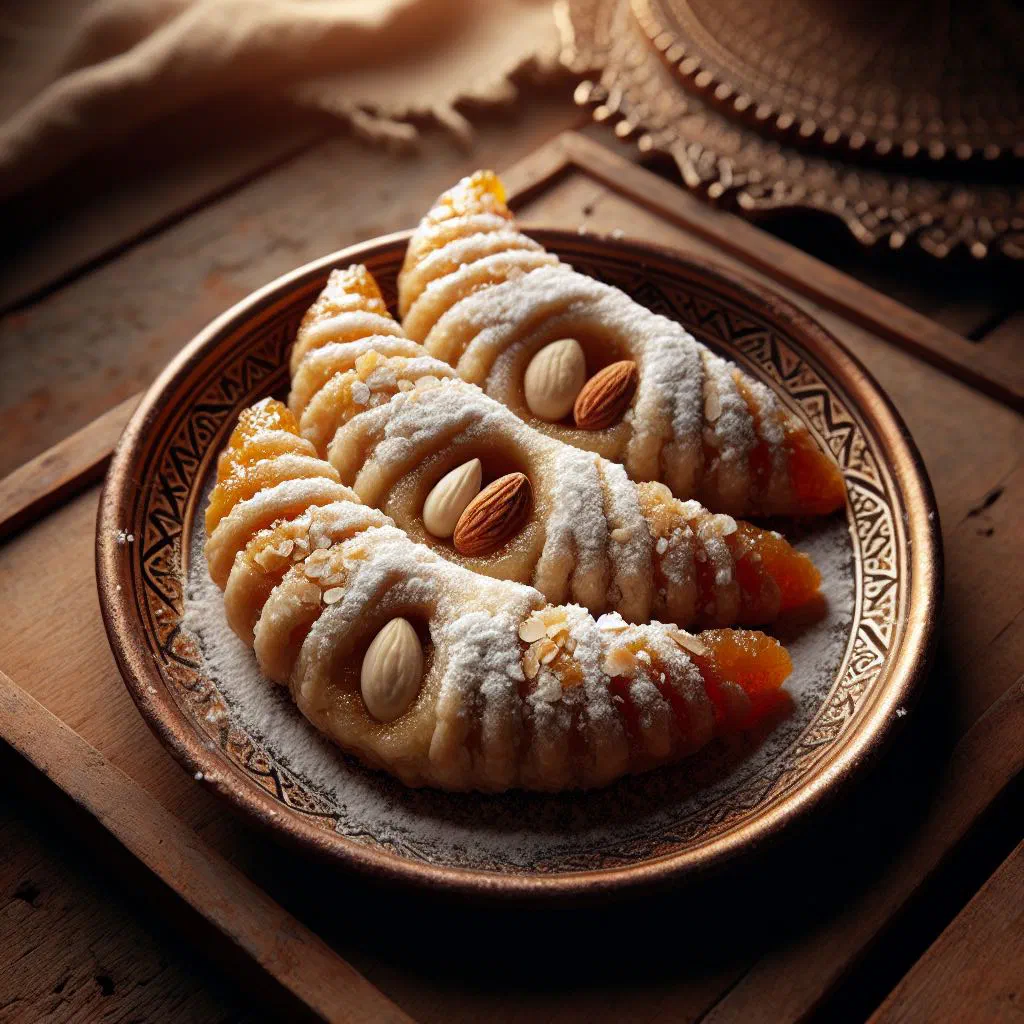 Crescent-shaped Moroccan kaab el ghazal pastries dusted with icing sugar
