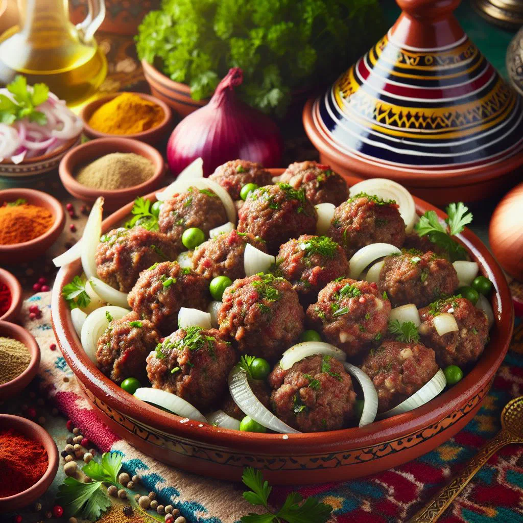 Moroccan kefta meatballs simmering in a rich tomato sauce