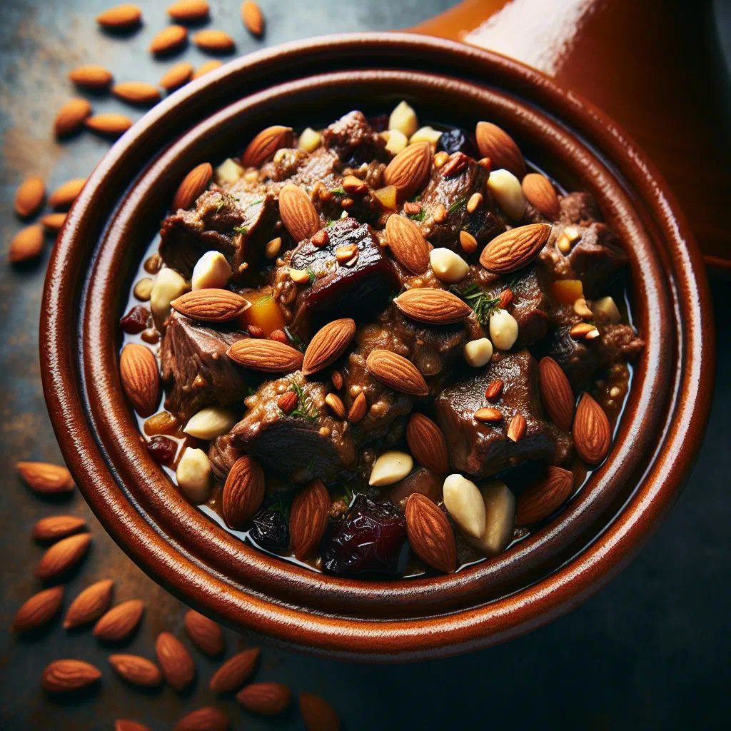 Moroccan lamb and almond tagine with toasted almonds in a clay pot