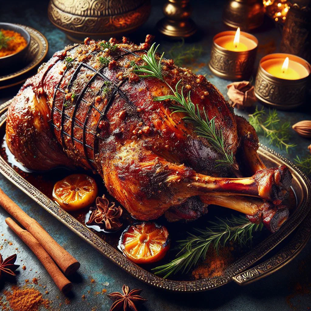 Slow-roasted Moroccan mechoui lamb on a platter with lemon and herbs