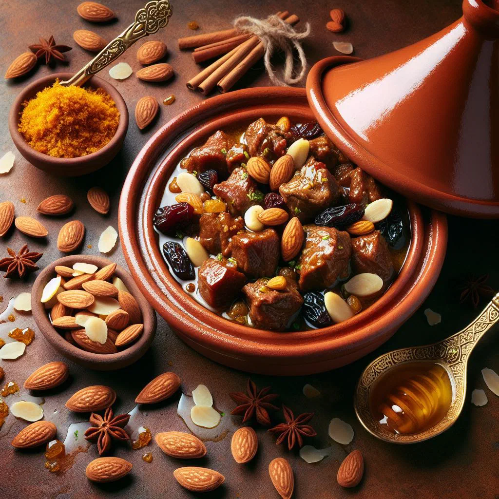 Moroccan mrouzia aux amandes with tender lamb, honey glaze and toasted almonds