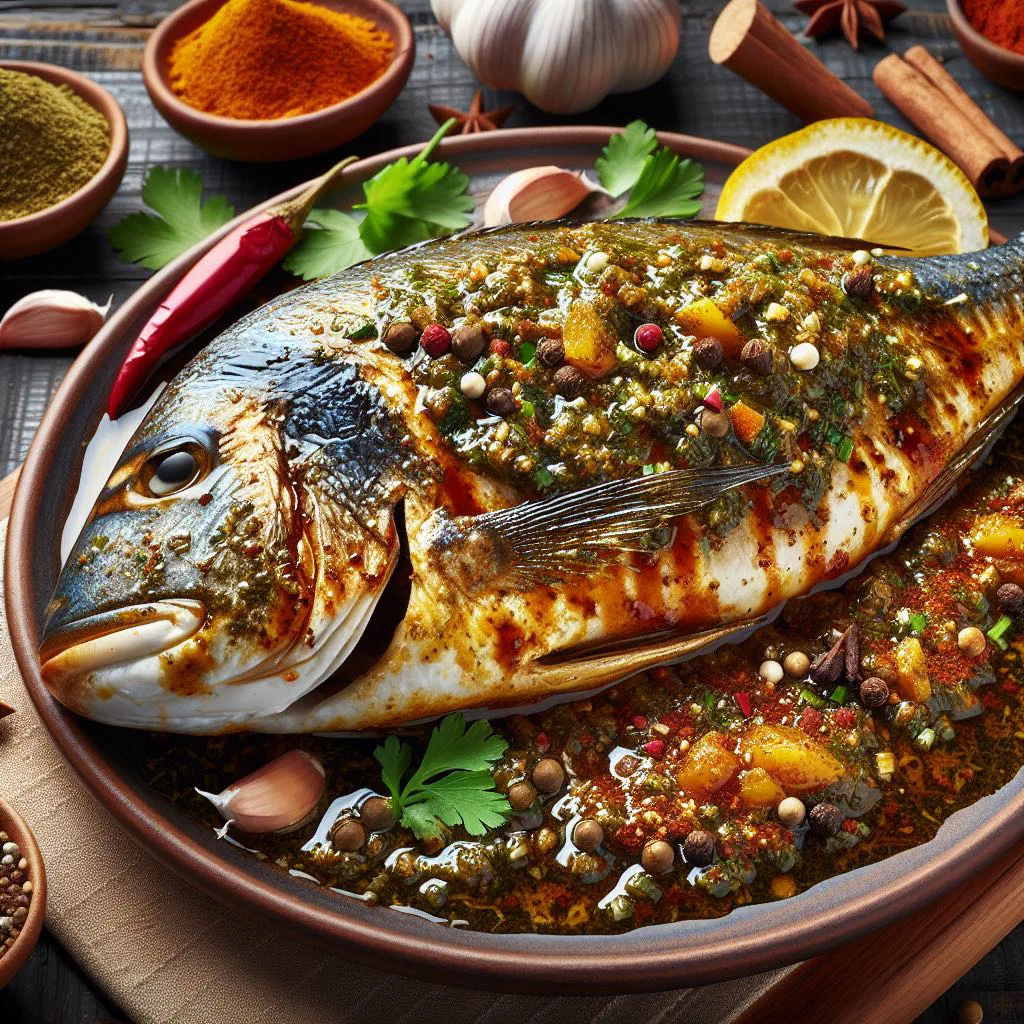 Grilled fish fillets coated in green chermoula marinade with lemon wedges