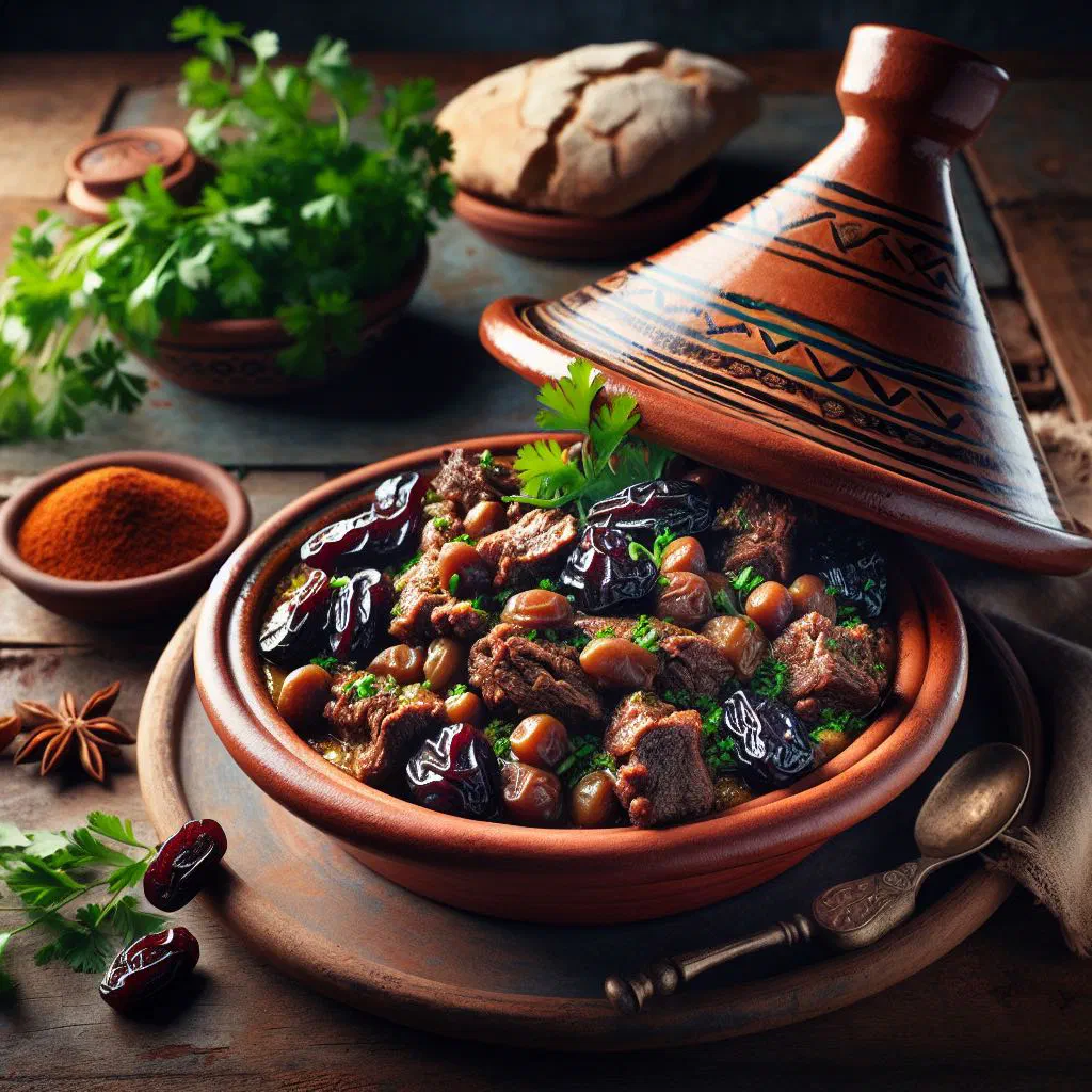Moroccan prune tagine with tender lamb and glossy prunes garnished with coriander