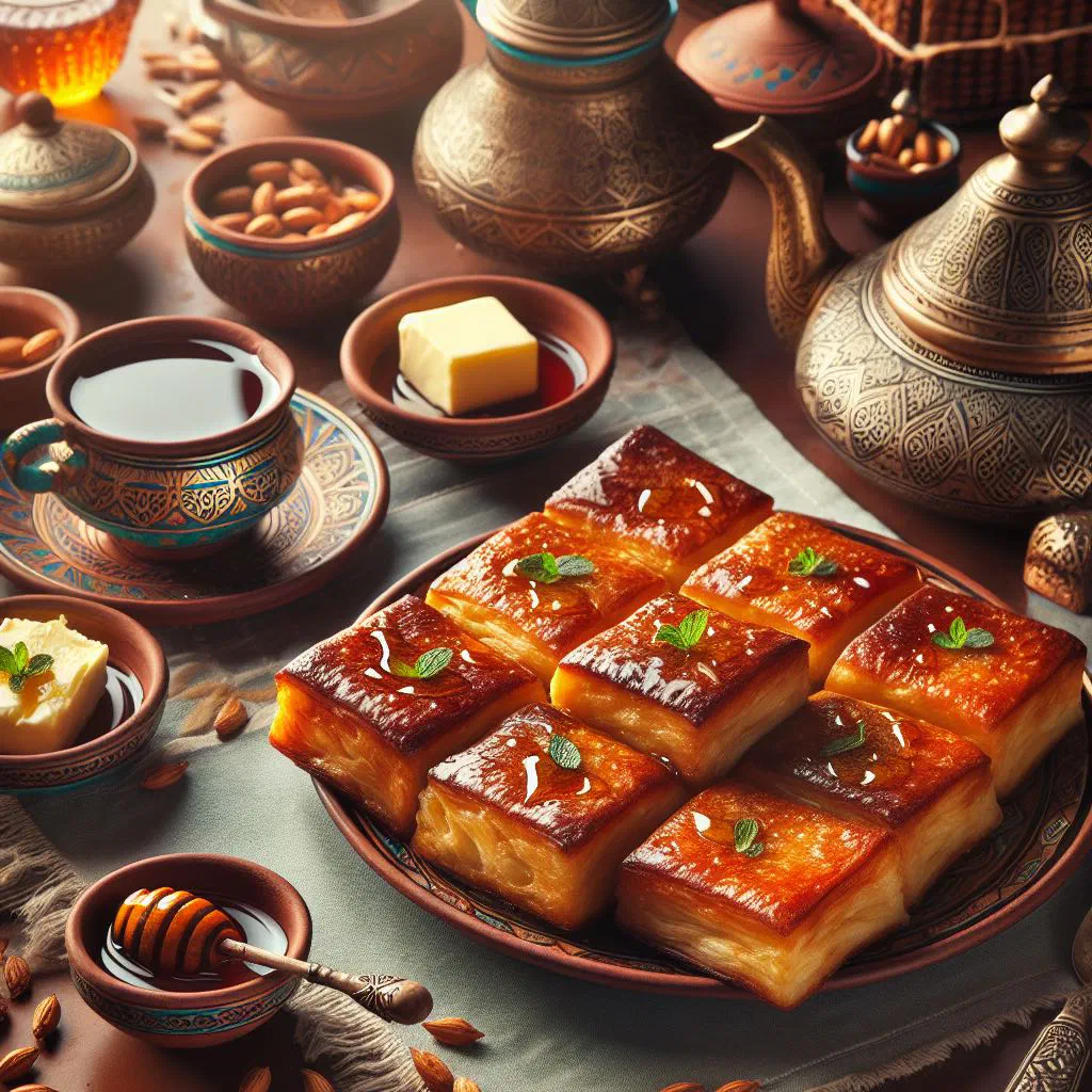 Golden, layered Moroccan rghayef flatbreads stacked on a plate