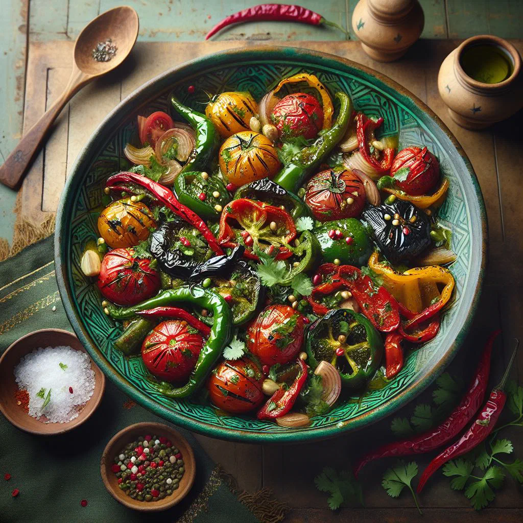 Salade méchouia of roasted peppers and tomatoes garnished with parsley