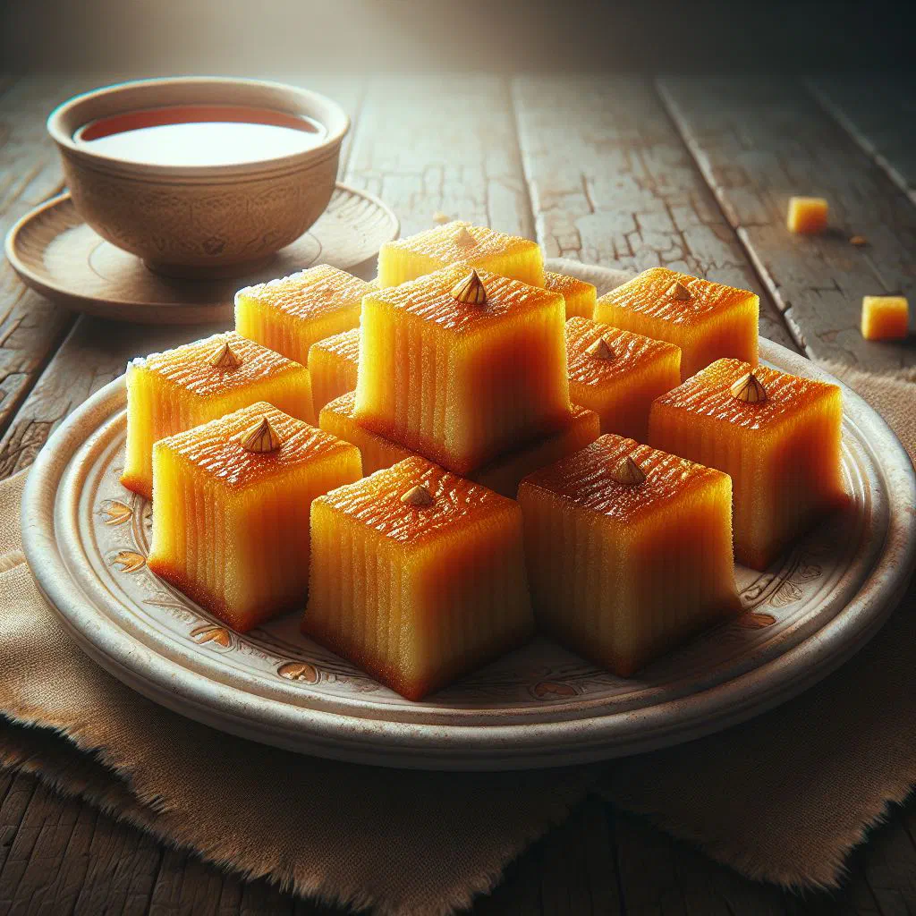 Golden squares of Moroccan sfouf topped with chopped almonds