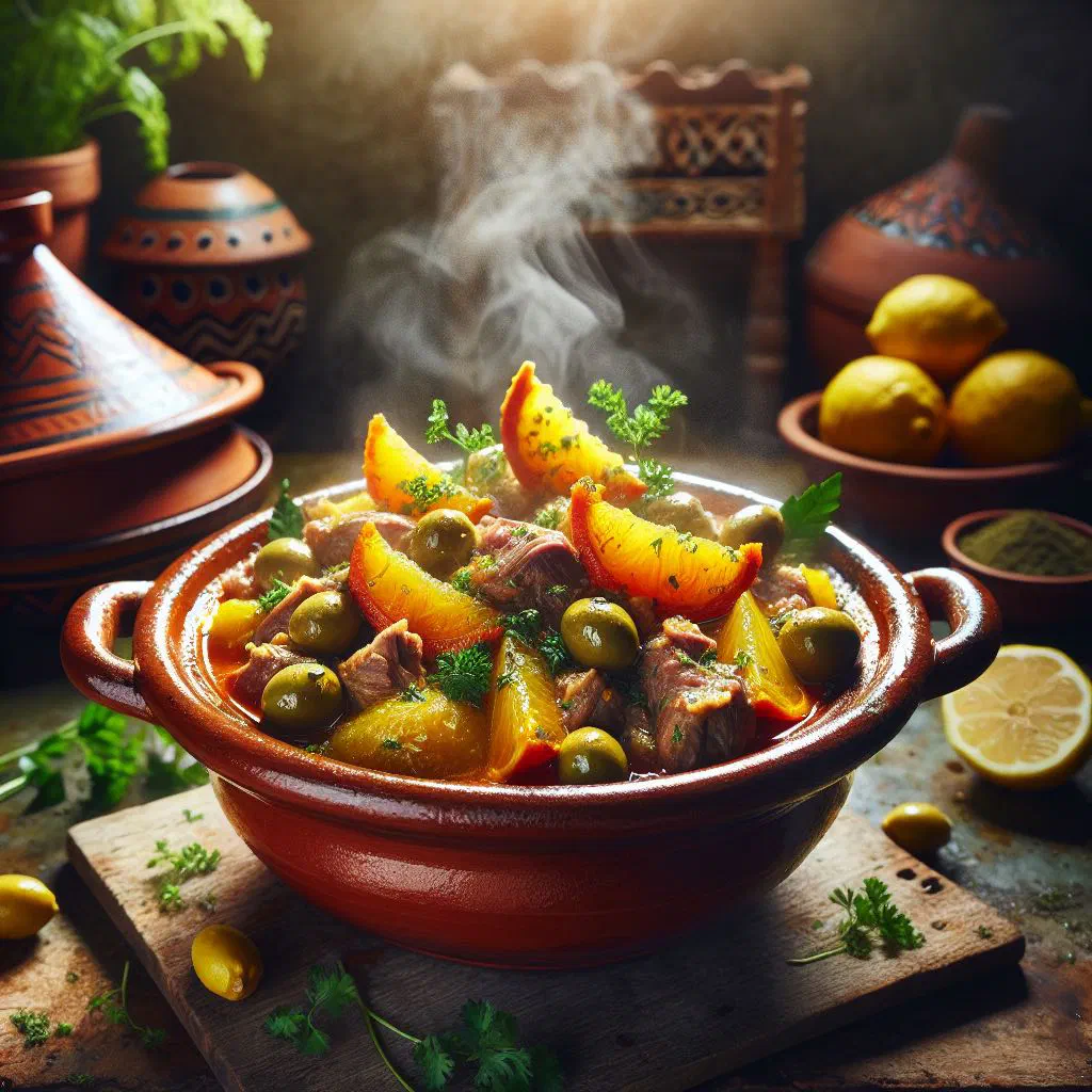 Moroccan tagine with tender meat and preserved lemons in a clay pot