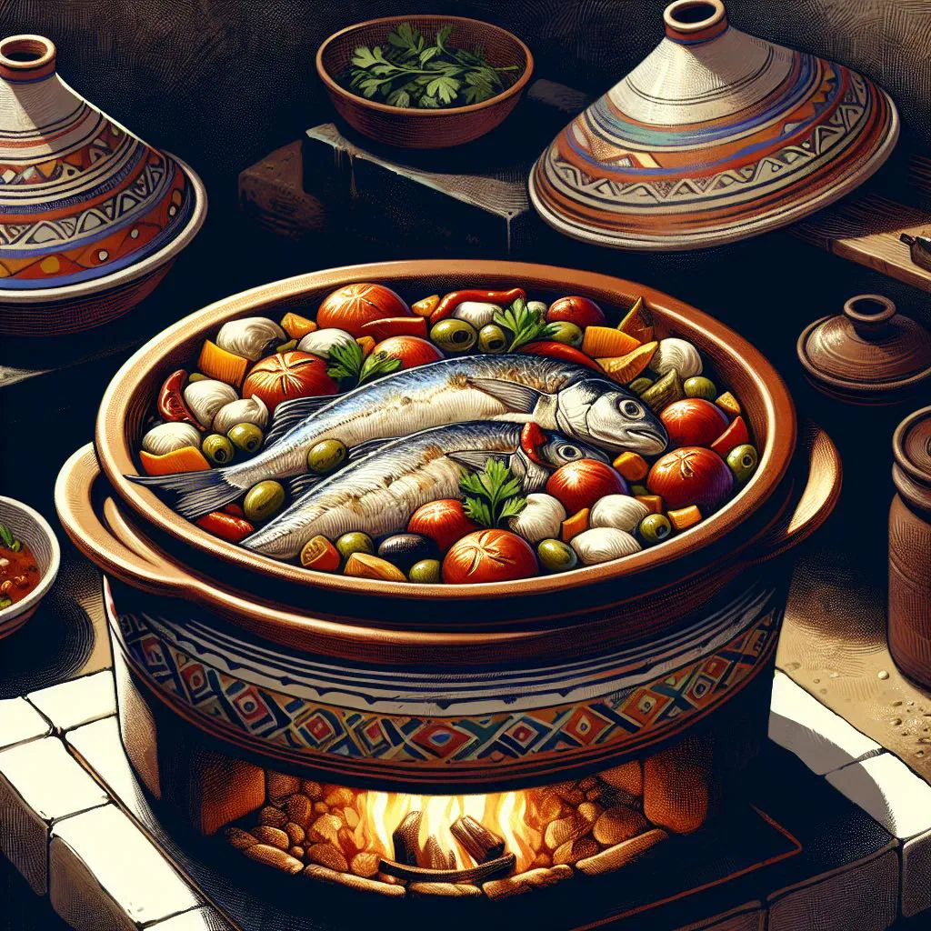 Moroccan fish tagine with peppers, tomatoes and fresh coriander