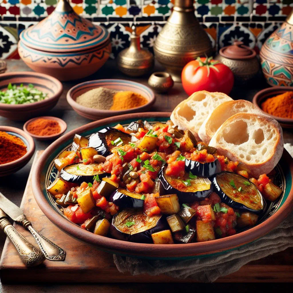 Moroccan zaalouk of mashed aubergine and tomato garnished with fresh coriander