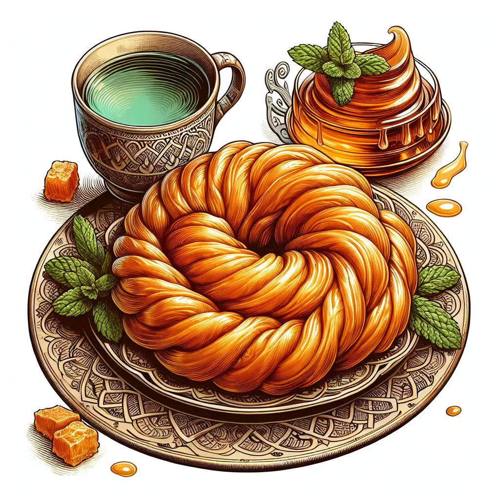Golden spiral-shaped zlabia drizzled with sweet syrup