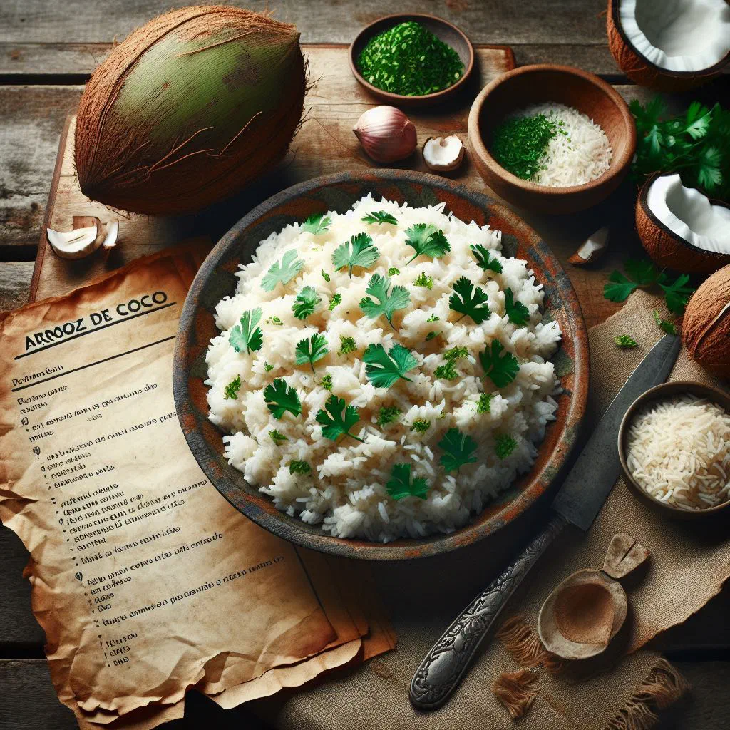 Bowl of creamy coconut rice garnished with fresh herbs