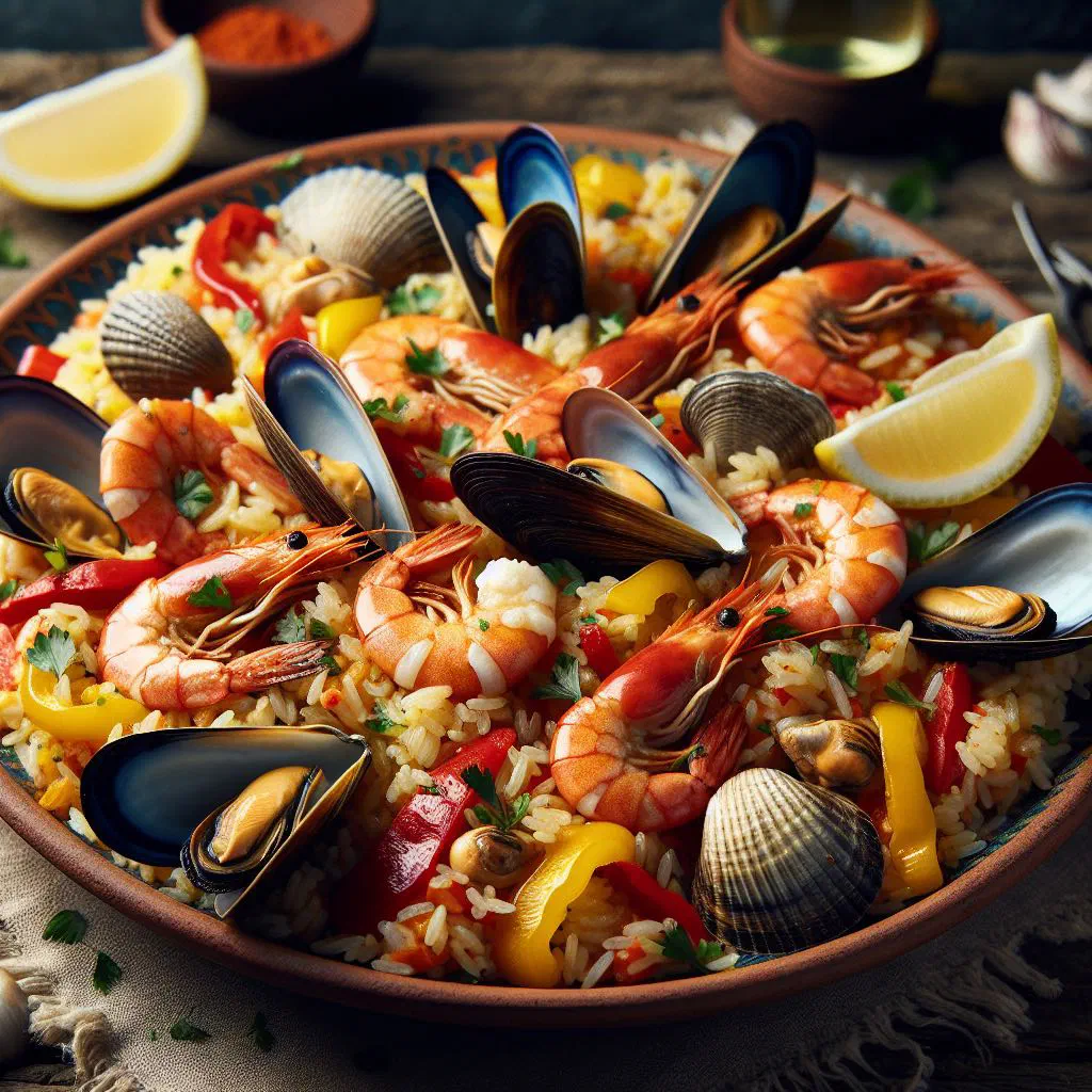 Arroz de marisco seafood rice with prawns and mussels garnished with fresh herbs