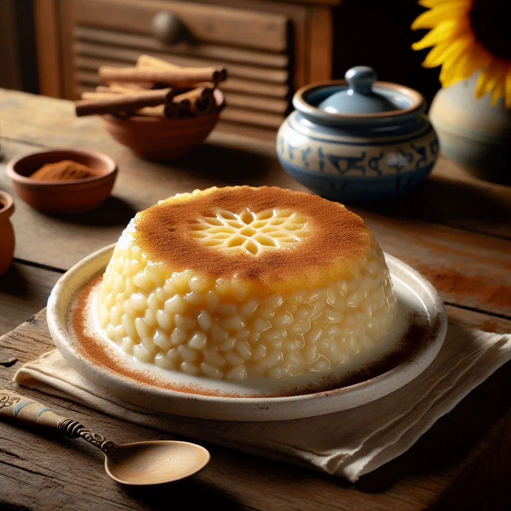 Bowl of creamy Mozambican arroz doce dusted with cinnamon