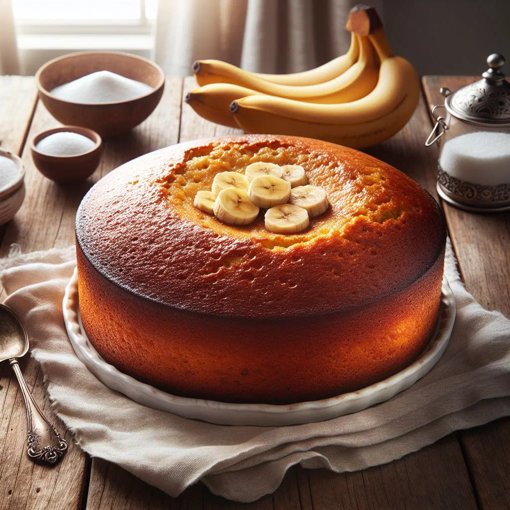 Golden Mozambican banana cake dusted with sugar and sliced banana