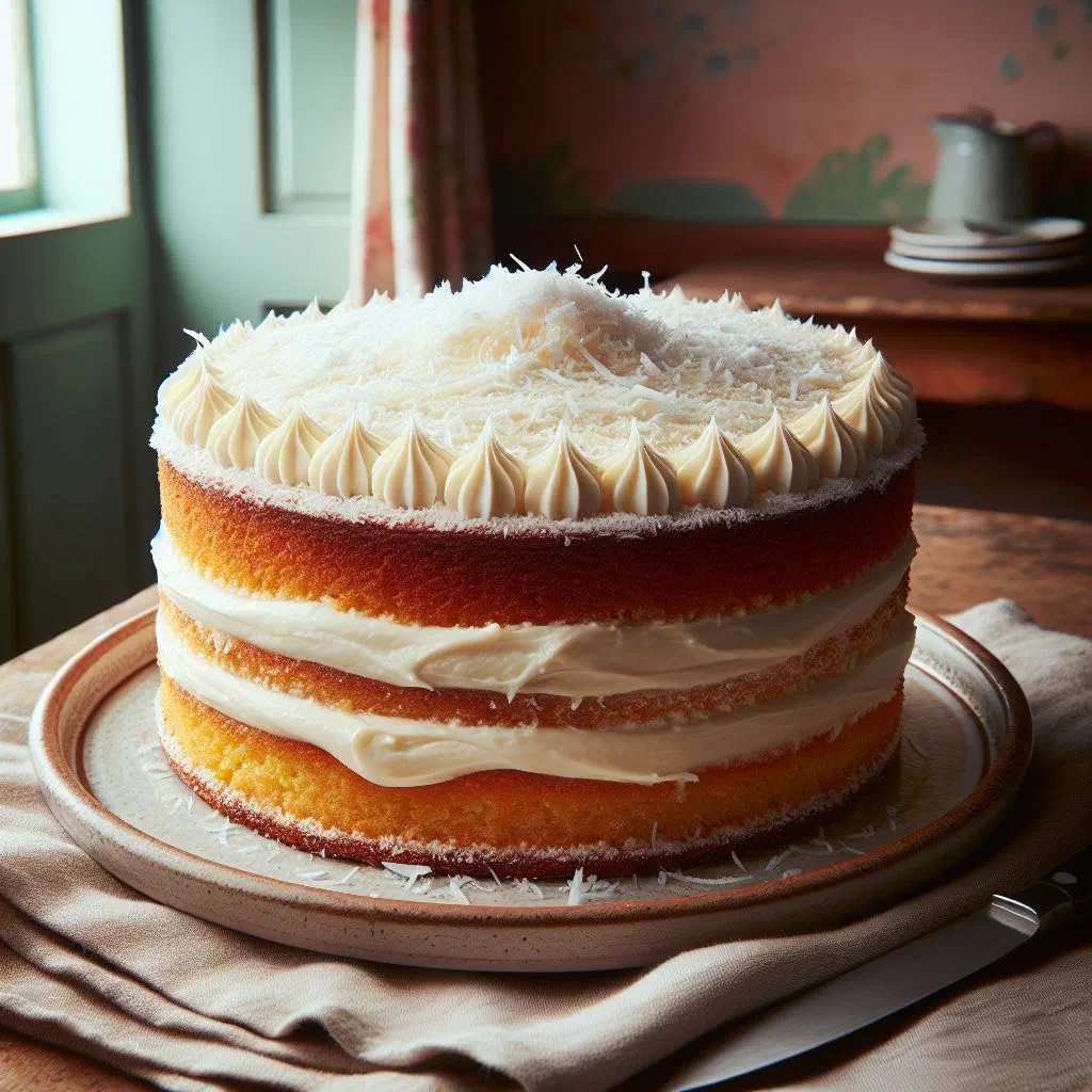 Golden Bolo de Coco coconut cake topped with fresh coconut shavings