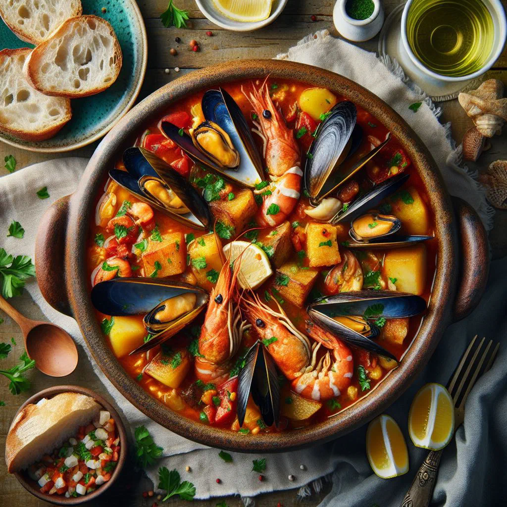 A rustic bowl of Mozambican caldeirada fish stew with prawns, white fish and peppers