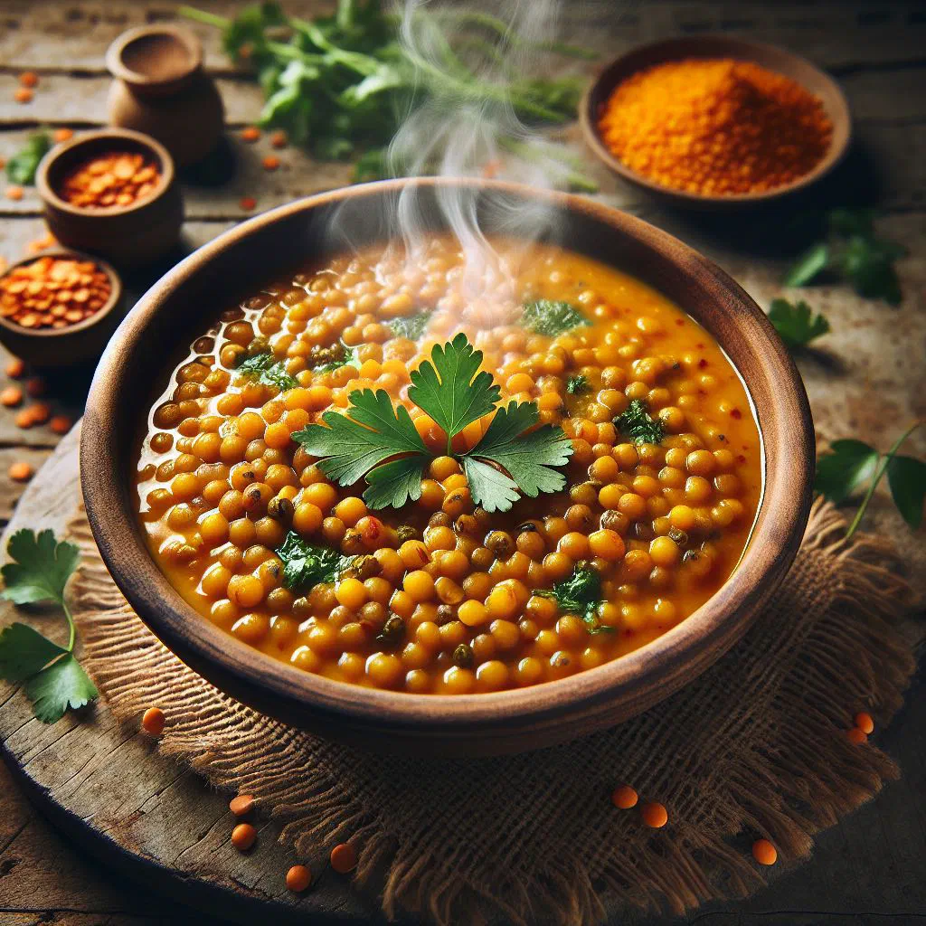 A bowl of spiced curried lentils topped with fresh coriander