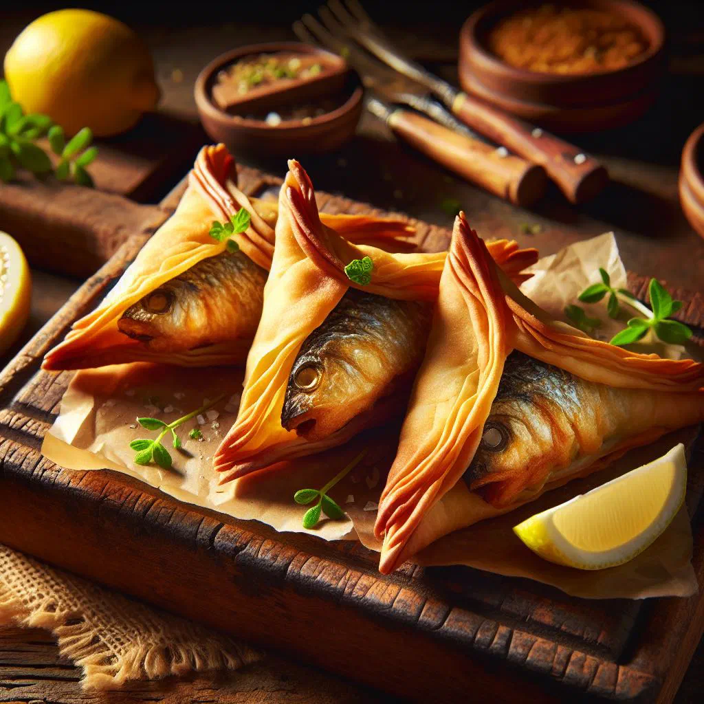 Golden deep-fried fish samosas served with lemon wedges
