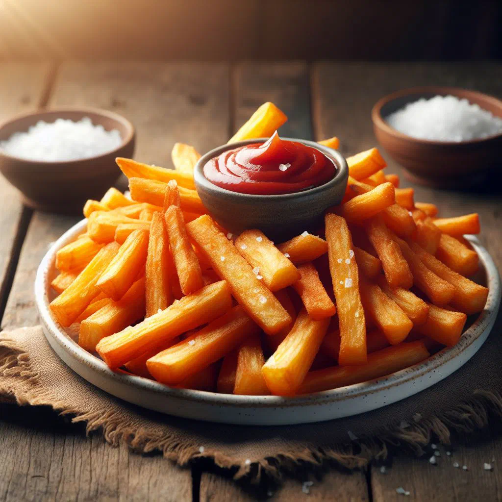 Golden fried cassava chips on a rustic wooden board