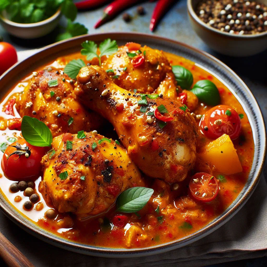 Golden chicken pieces simmered in a creamy coconut sauce, garnished with fresh herbs