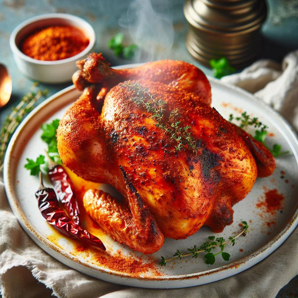 Grilled whole chicken glazed with piri-piri marinade and garnished with fresh herbs