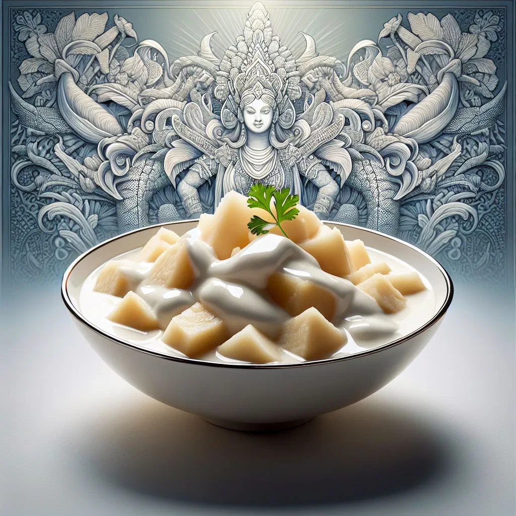 Cassava pieces in creamy coconut milk topped with fresh coconut flakes