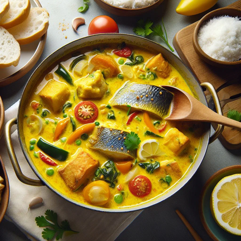 Mozambican moqueca de peixe fish stew in coconut milk with coriander and tomato