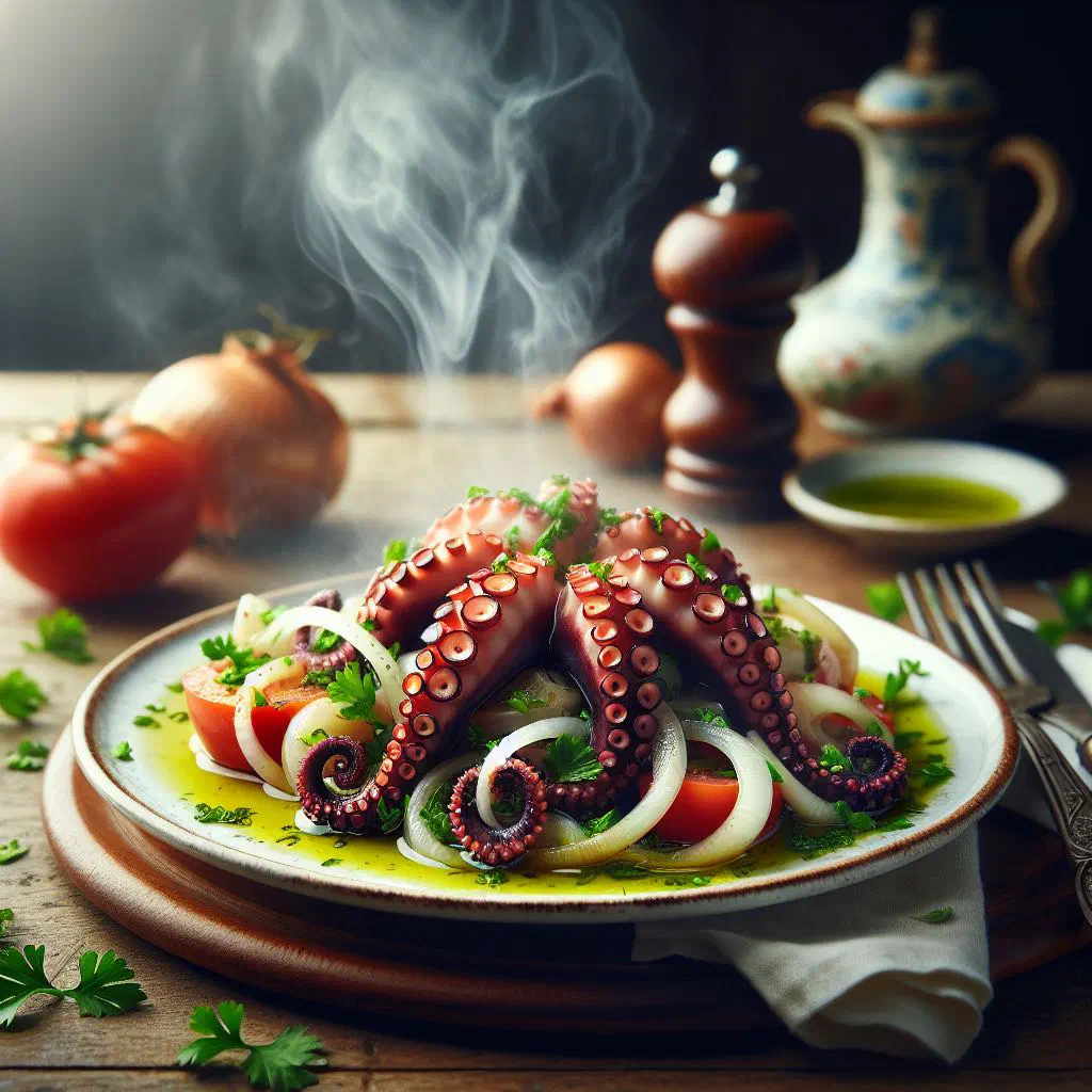 Fresh octopus salad with tomatoes, red onion and coriander
