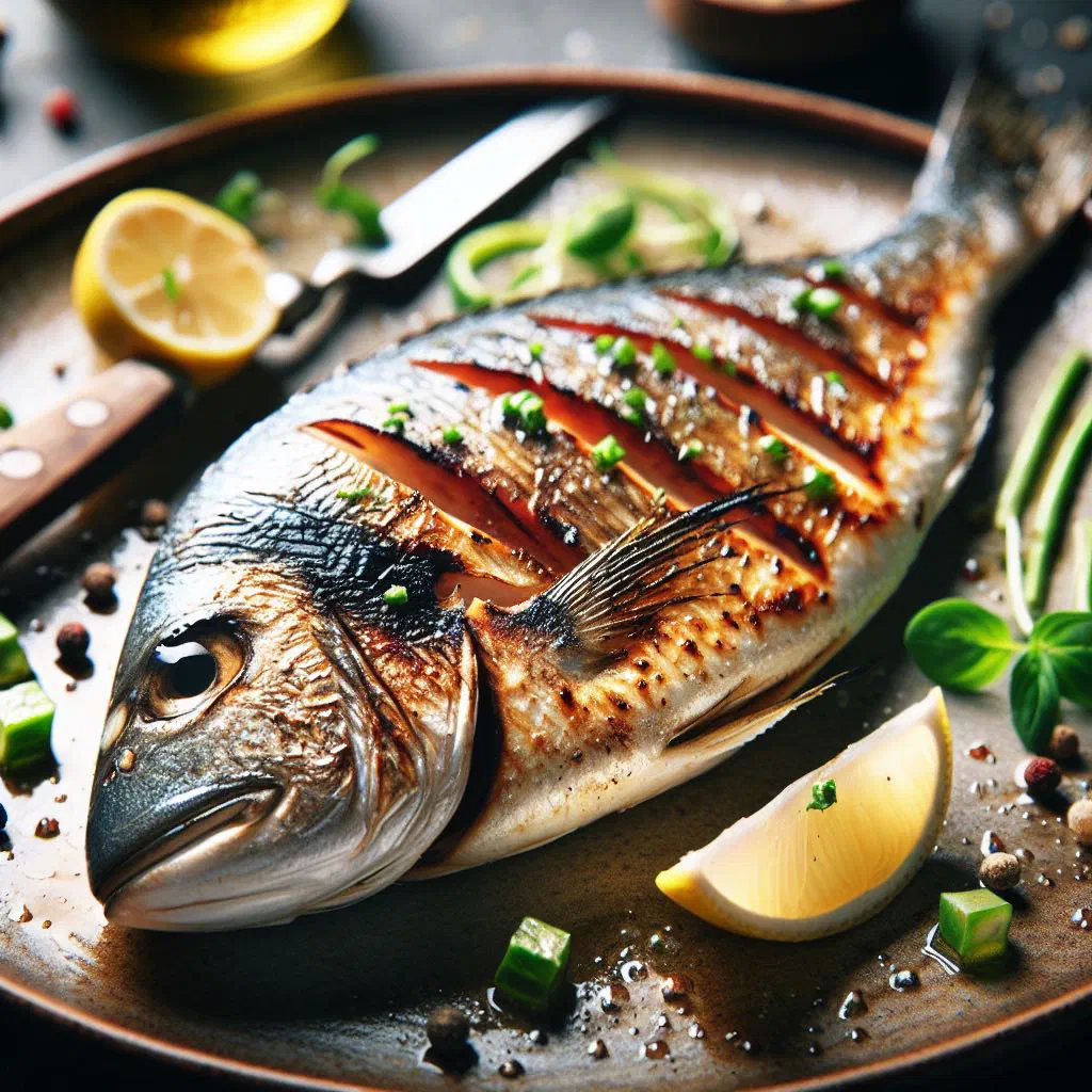 Whole grilled fish with lemon and fresh herbs on a platter