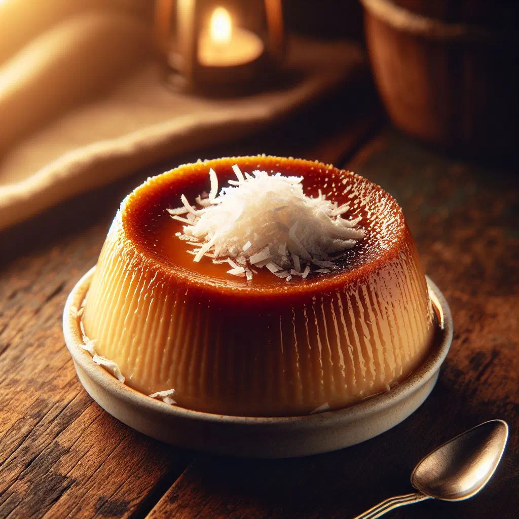 Creamy coconut pudding topped with fresh coconut flakes