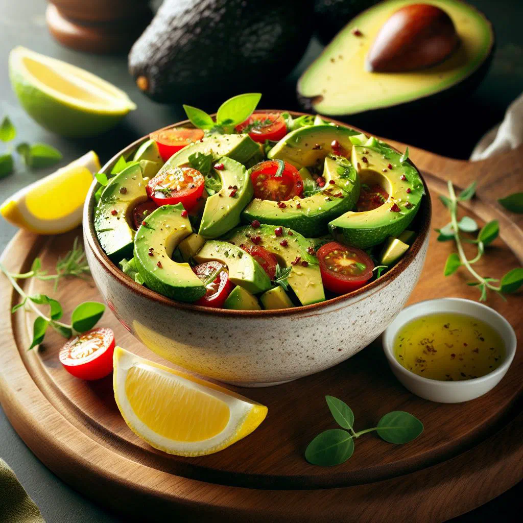 Creamy avocado salad with diced tomato, onion and fresh coriander