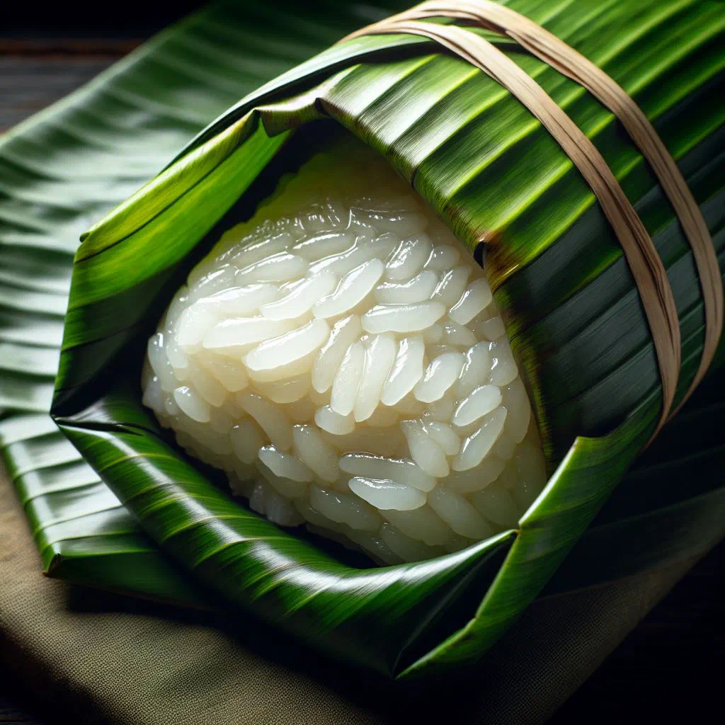 Steamed sticky rice parcels wrapped in banana leaves, one opened to show the coconut filling