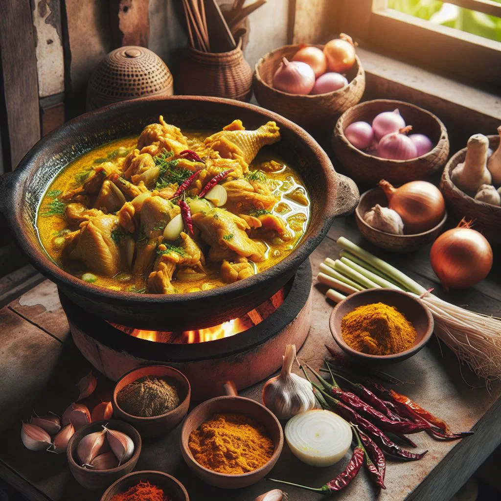 Burmese chicken curry in a bowl with coconut sauce and fresh coriander