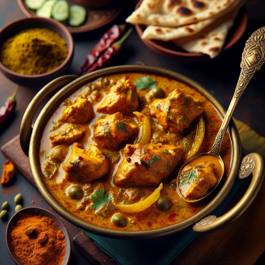 Burmese chicken curry in a bowl with coriander and jasmine rice