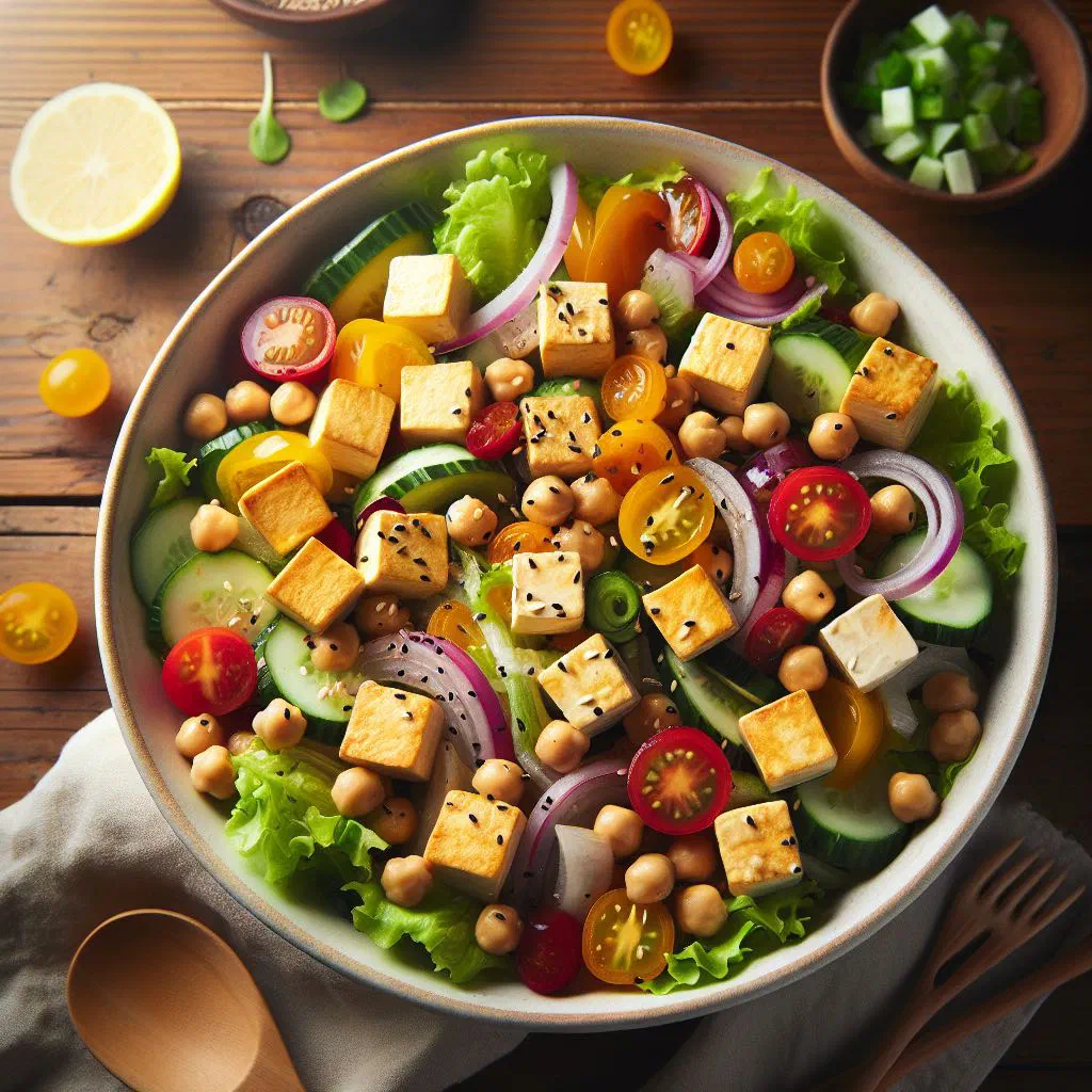 Chickpea tofu salad with golden tofu cubes, peppers, cucumber and fresh coriander