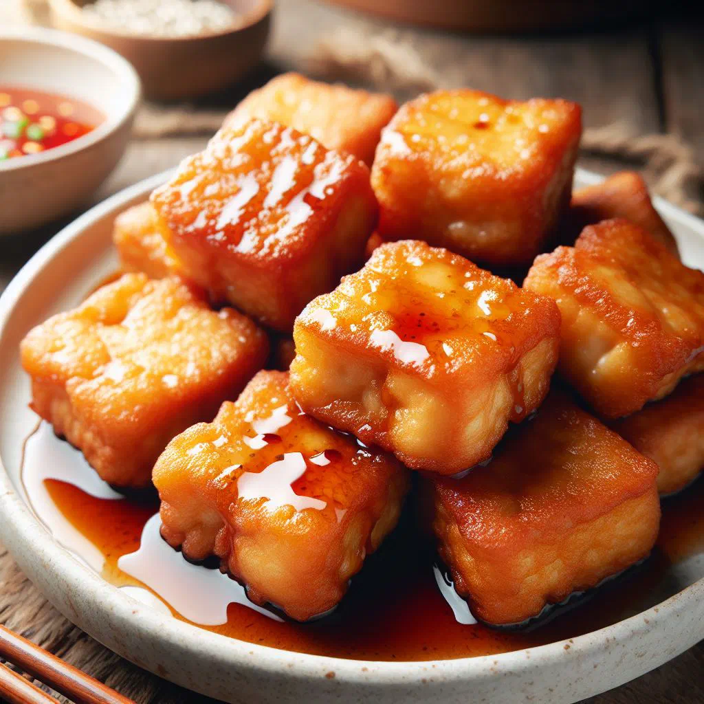 Golden crispy tofu fritters served warm with a dipping sauce