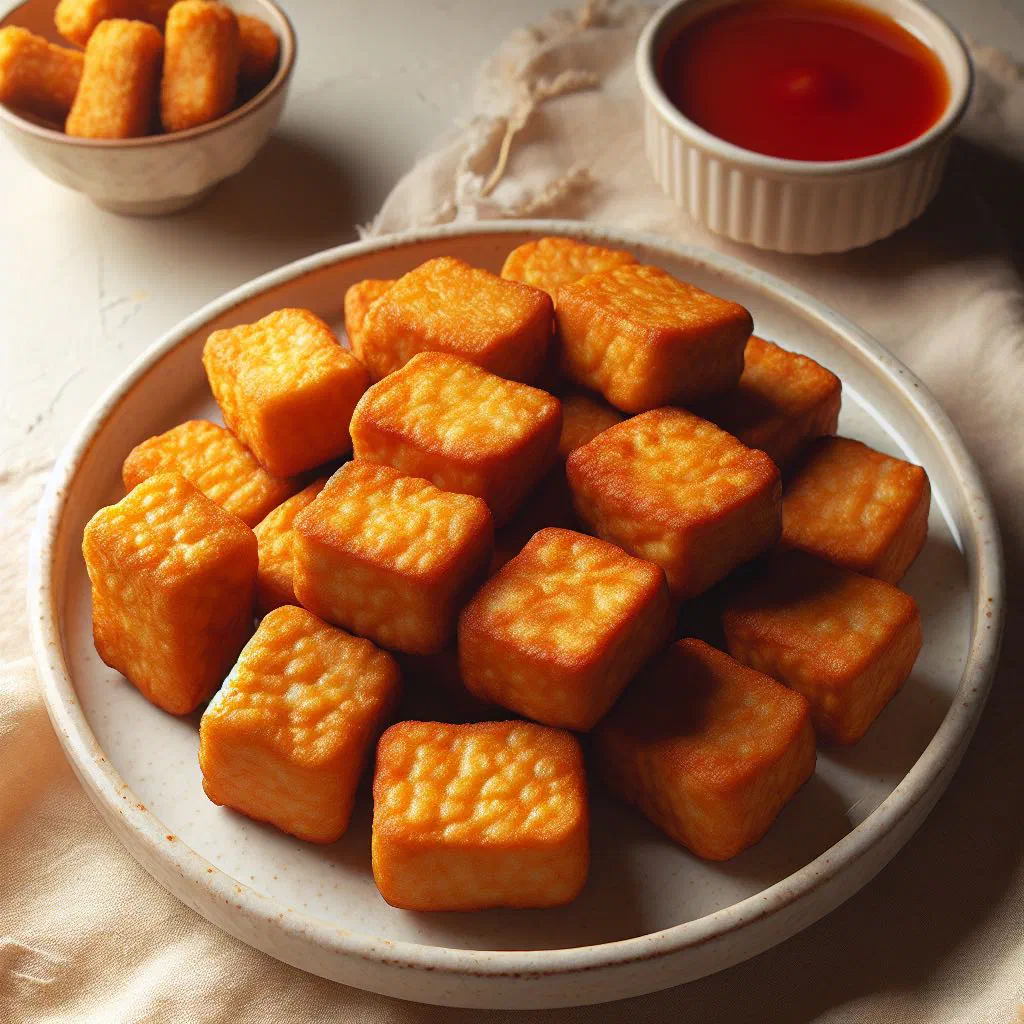 Golden crispy tofu nuggets on a plate with a dipping sauce