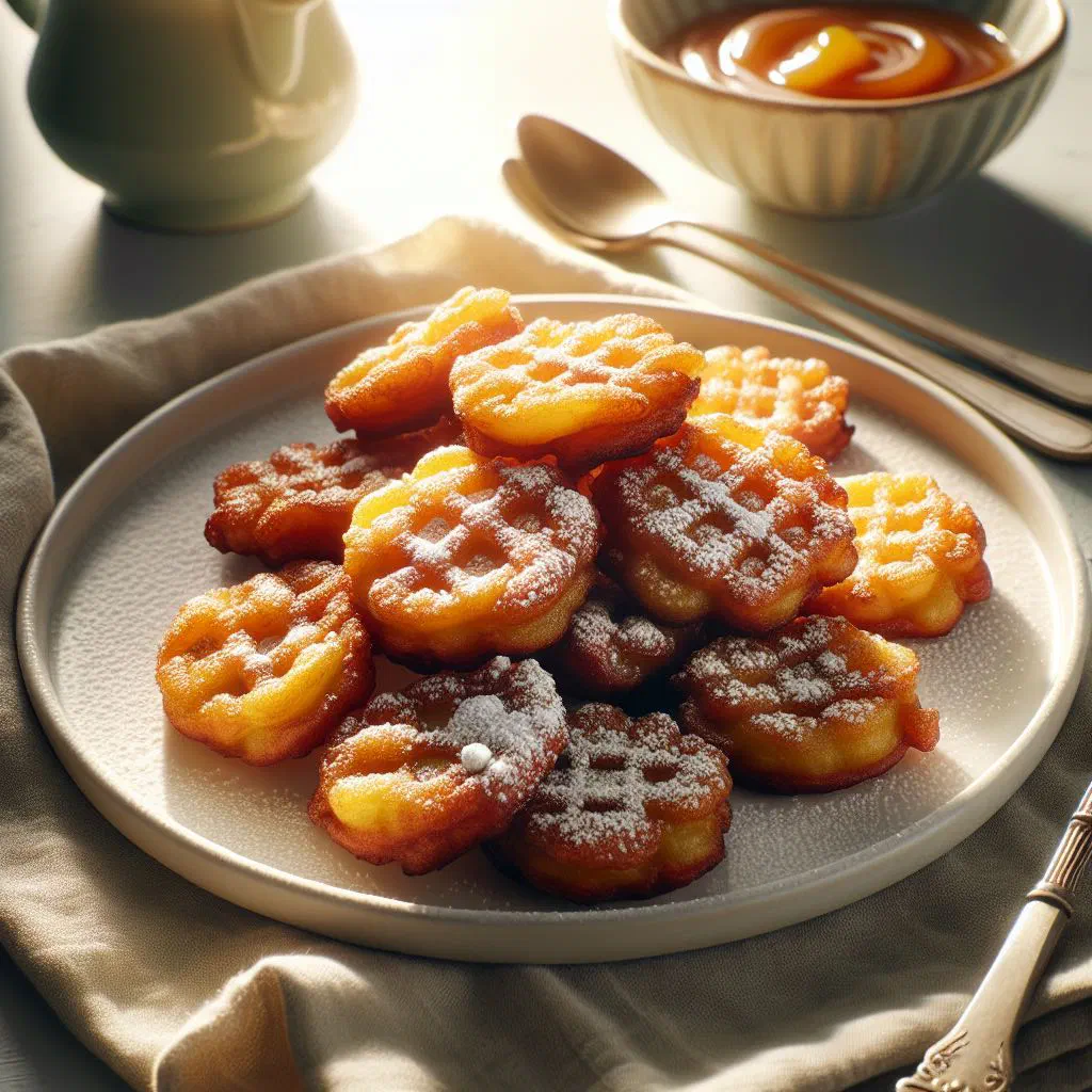 Golden fried banana fritters piled on a plate, dusted with icing sugar