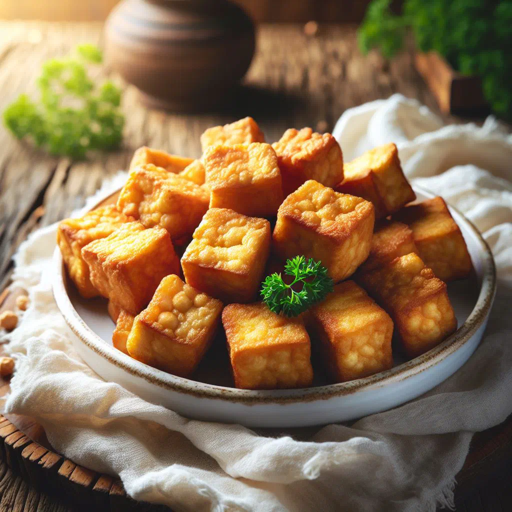 Golden fried chickpea tofu slices served warm with a dipping sauce