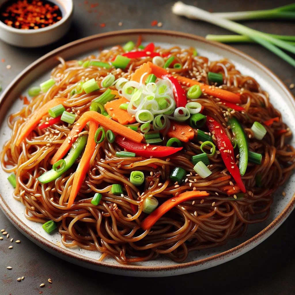 Fried rice noodles with vegetables and fresh coriander in a bowl